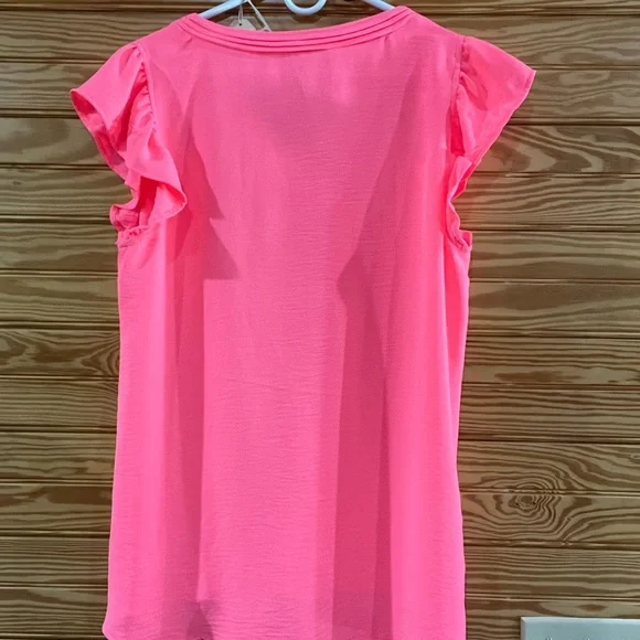 Pink Ruffle Sleeve V-Neck Top - Picture 2 of 2